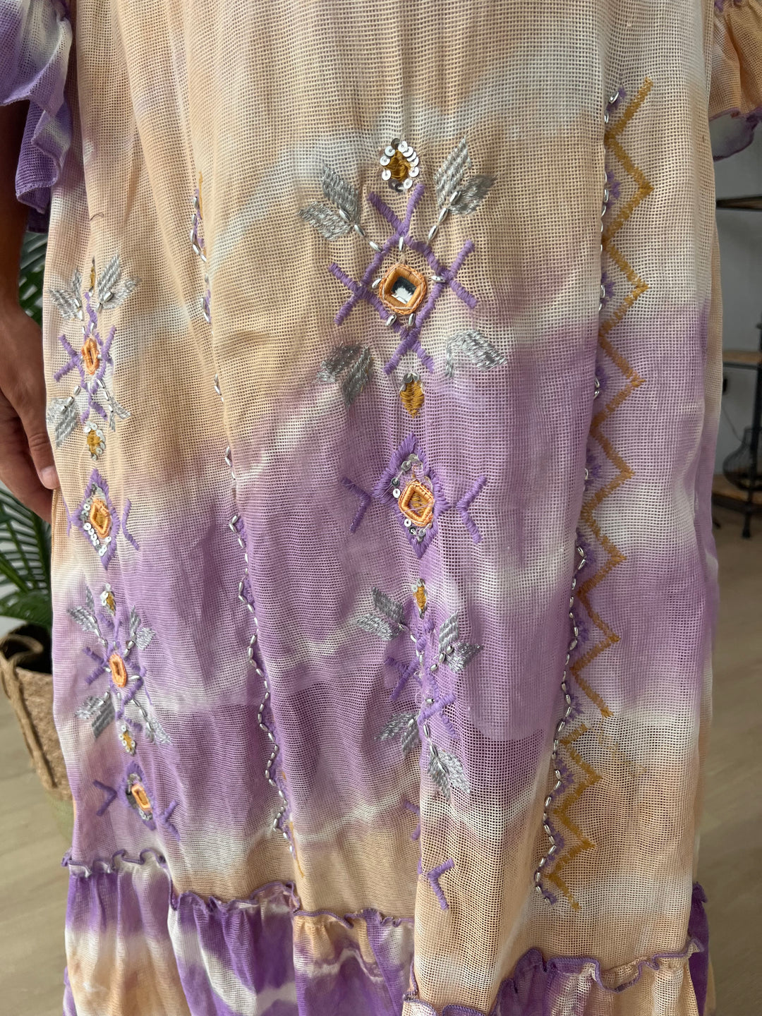 Vestido Ariana amarillo y morado
