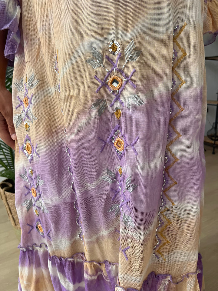 Vestido Ariana amarillo y morado