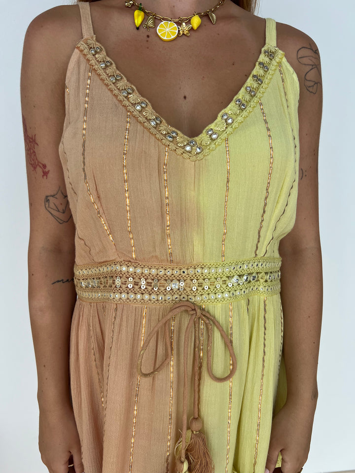 Vestido Tulum amarillo y camel