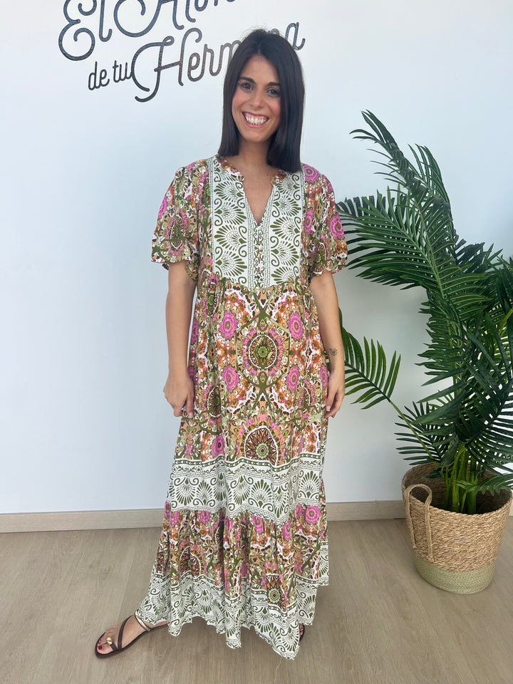 Vestido Azucena verde militar y rosa