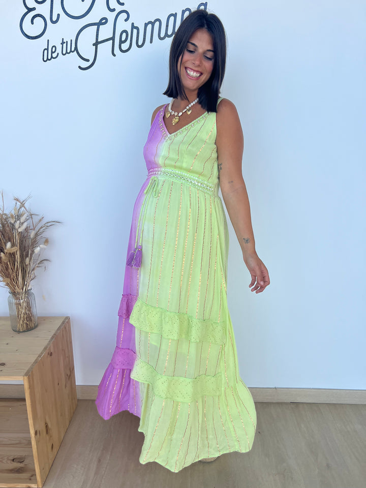 Vestido Tulum largo rosa y pistacho