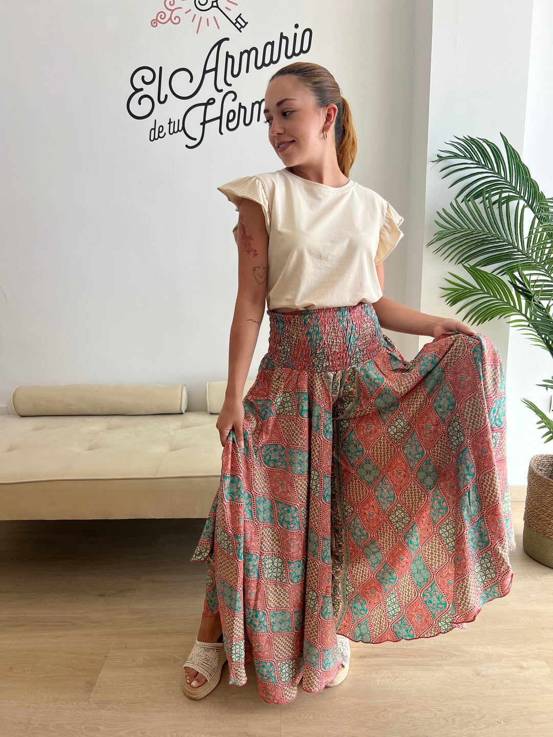 Pantalón India rosa y turquesa
