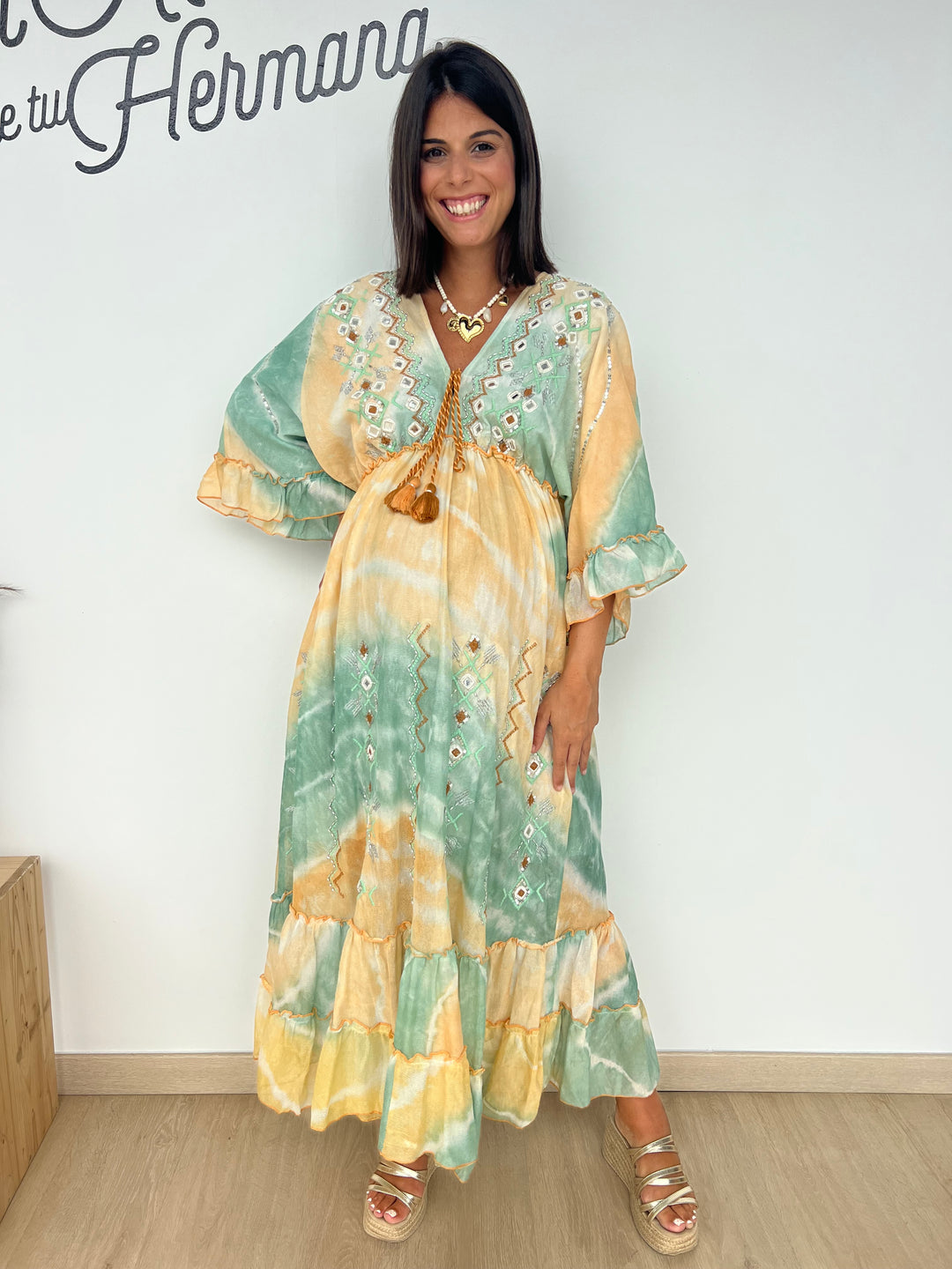 Vestido Ariana amarillo y aguamarina