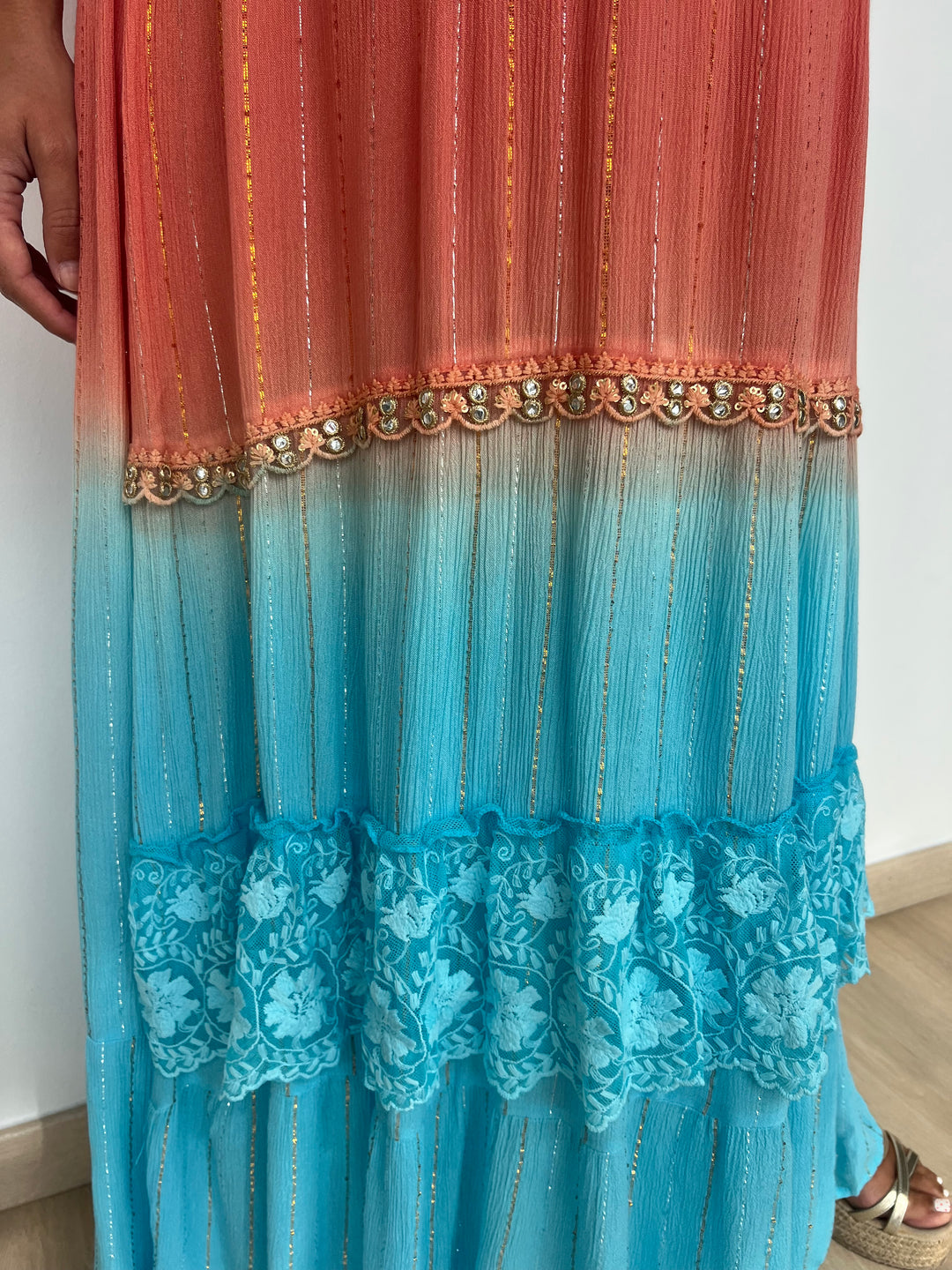 Vestido Habana largo coral y azul