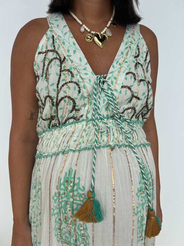 Vestido Isha verde y camel