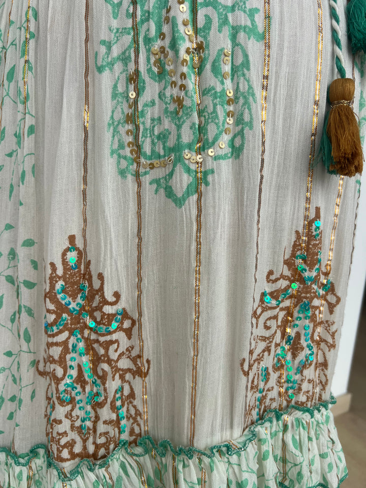 Vestido Isha verde y camel