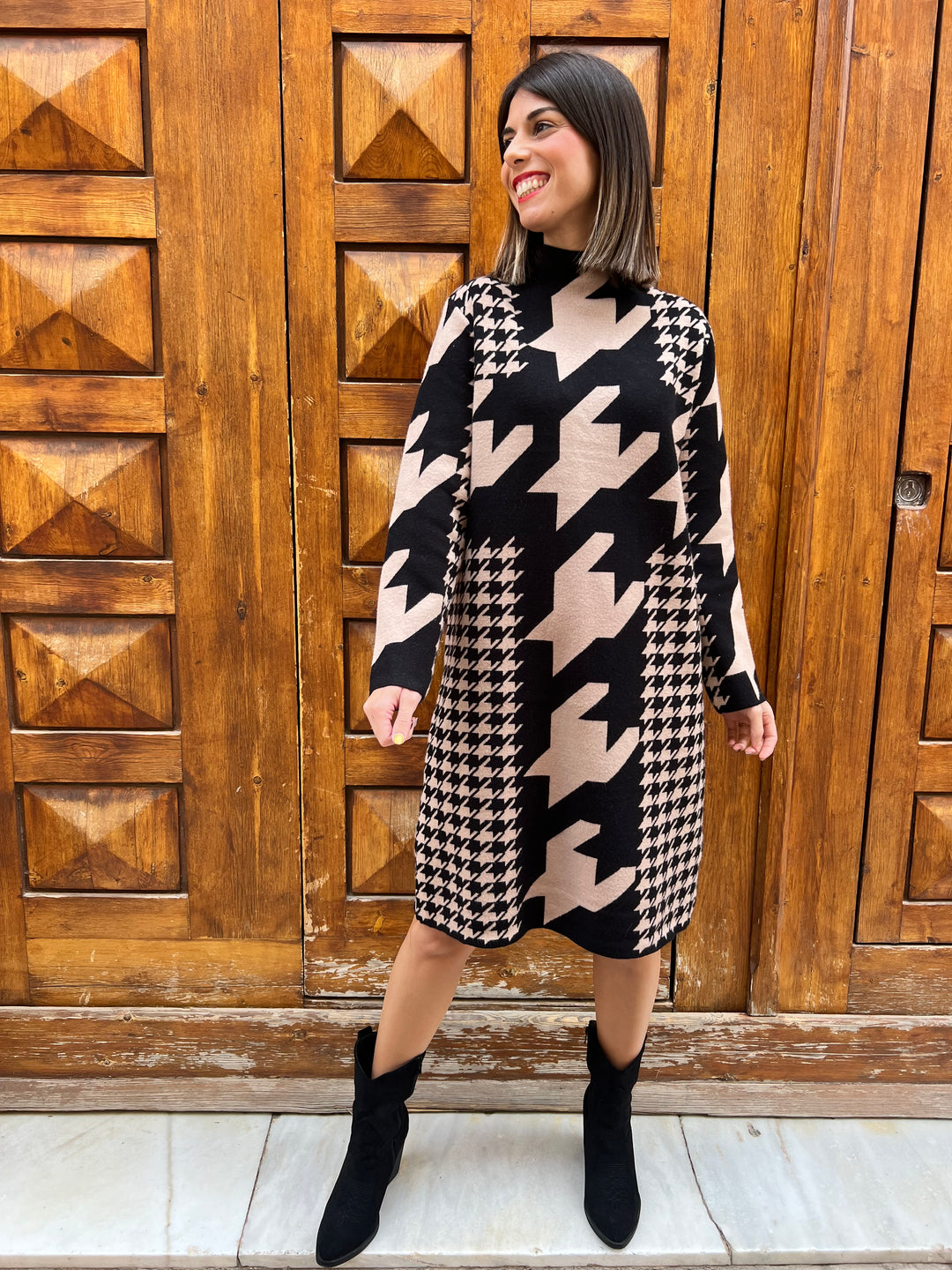 Vestido Pata Gallo negro-beige