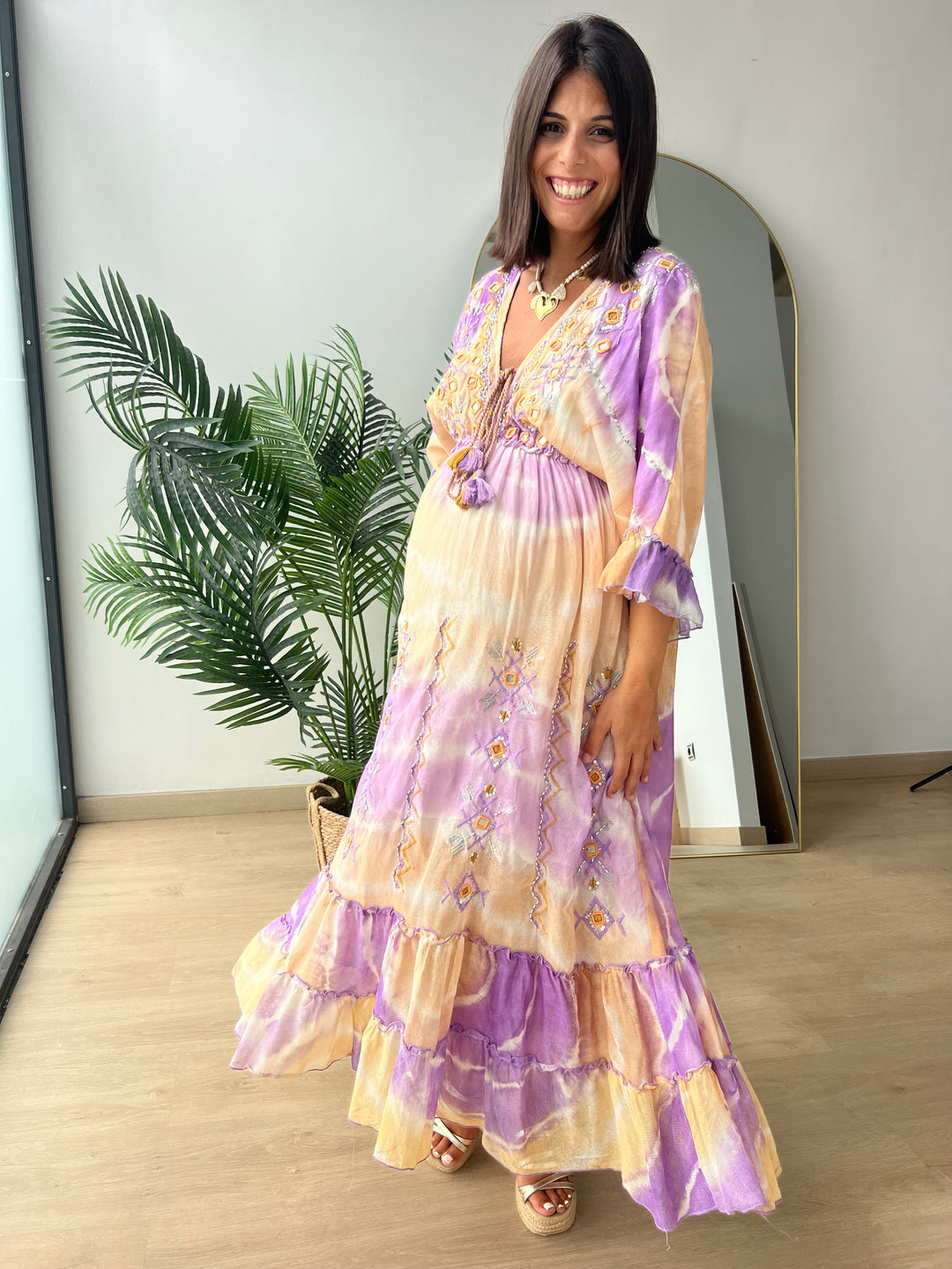 Vestido Ariana amarillo y morado