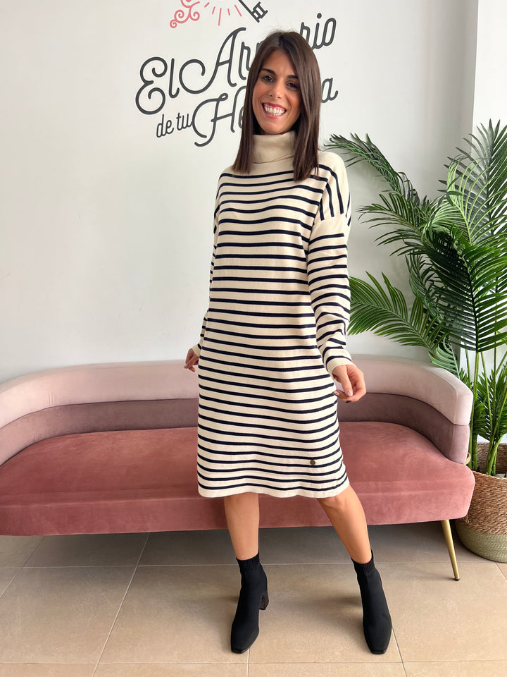 Vestido Maite beige y azul marino