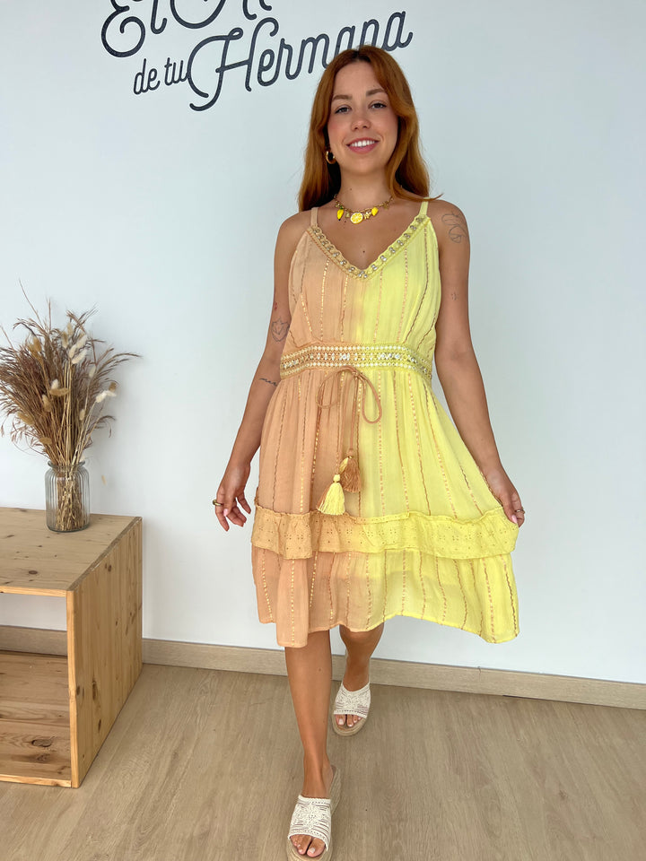 Vestido Tulum amarillo y camel