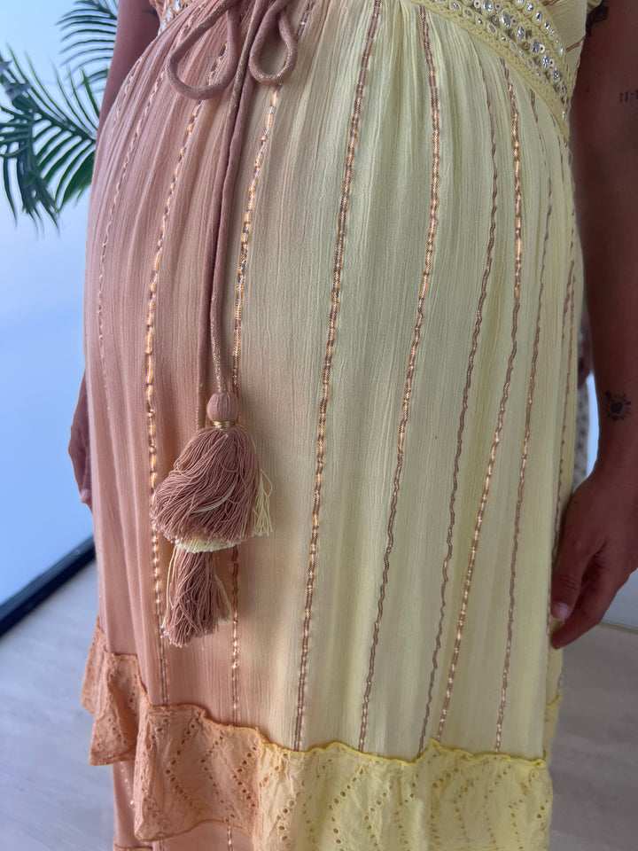 Vestido Tulum largo amarillo y camel