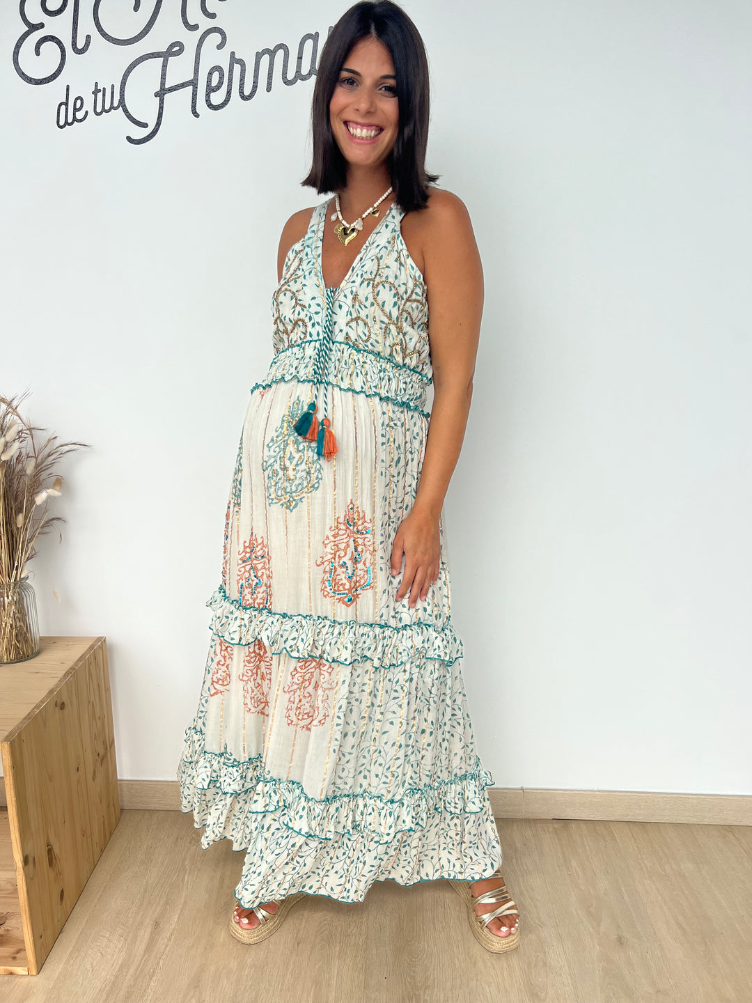 Vestido Isha turquesa y naranja
