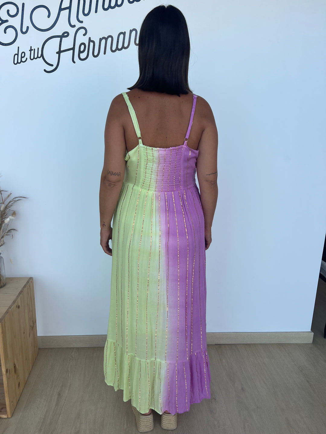 Vestido Tulum largo rosa y pistacho