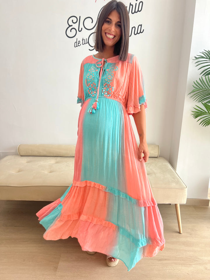 Vestido Manacor turquesa y coral