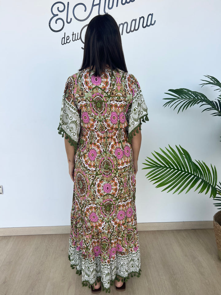 Vestido Davinia verde militar y rosa