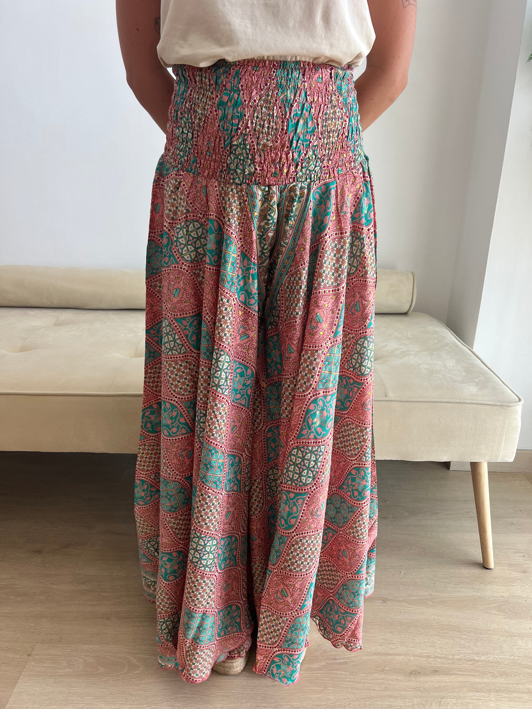 Pantalón India rosa y turquesa