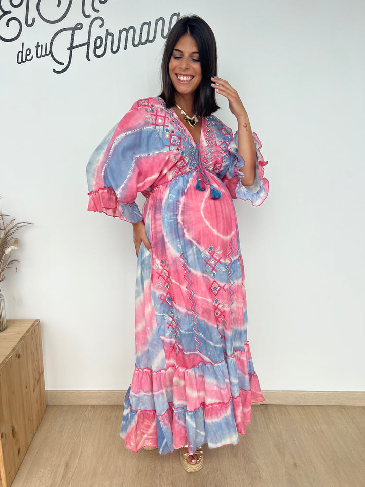 Vestido Ariana azul y fucsia