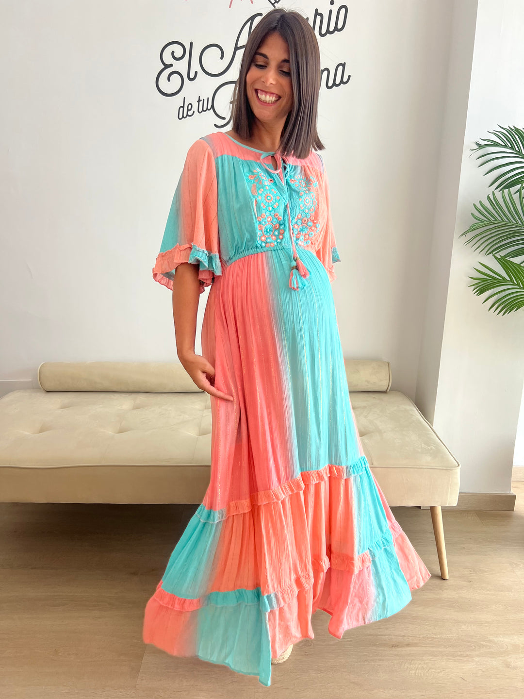 Vestido Manacor turquesa y coral