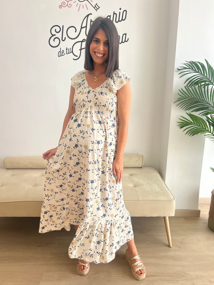 Vestido Malika blanco roto y azul marino