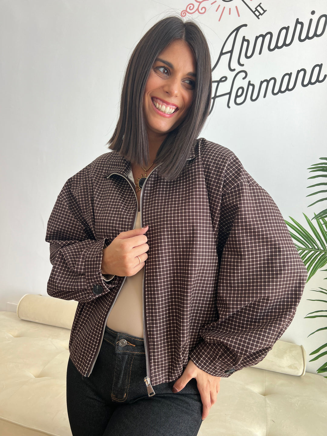 Chaqueta Vichy Bomber marrón