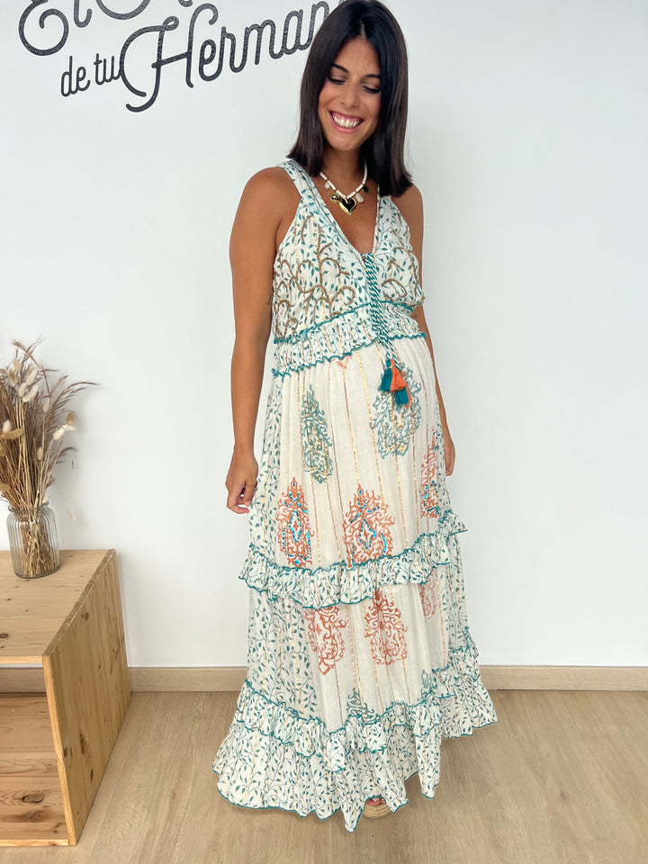 Vestido Isha turquesa y naranja