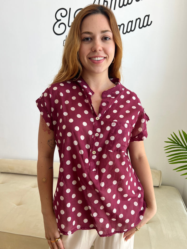 Blusa Lunares bolsillo burdeos