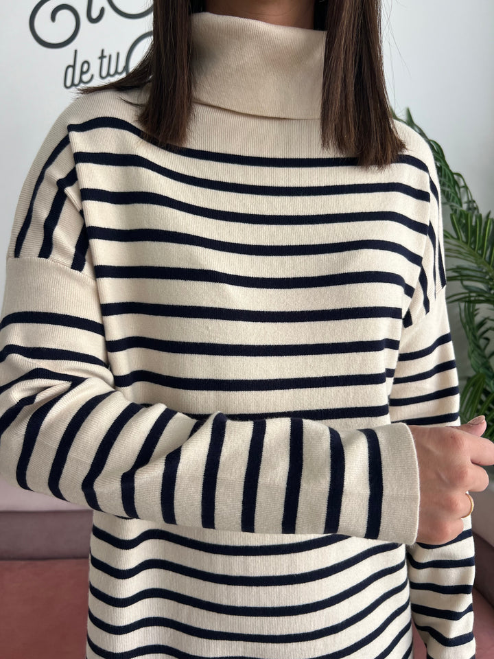 Vestido Maite beige y azul marino