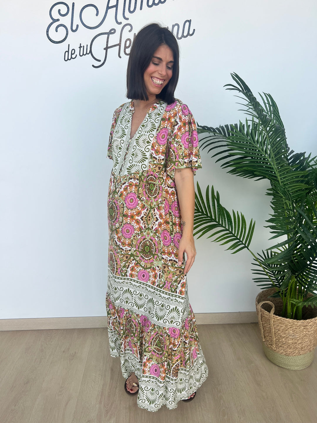 Vestido Azucena verde militar y rosa