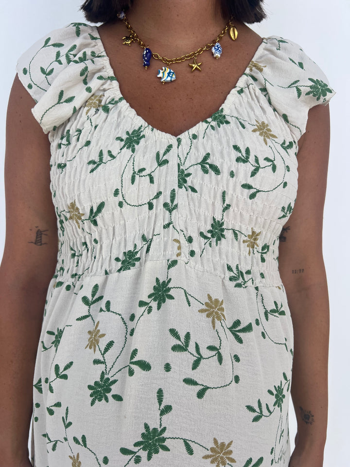 Vestido Malika blanco roto y verde