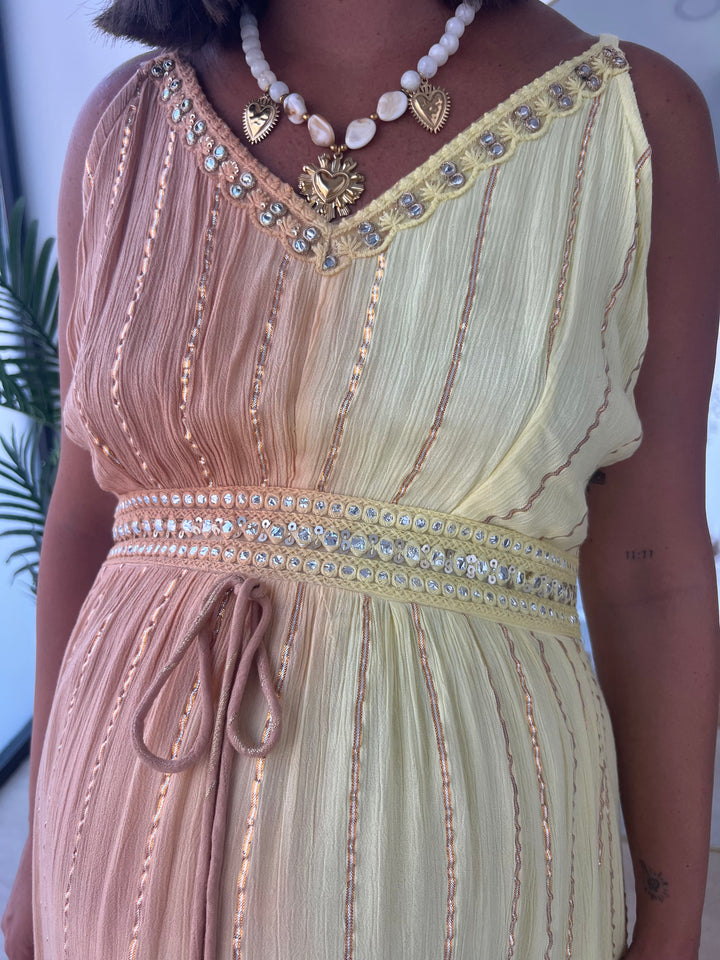 Vestido Tulum largo amarillo y camel