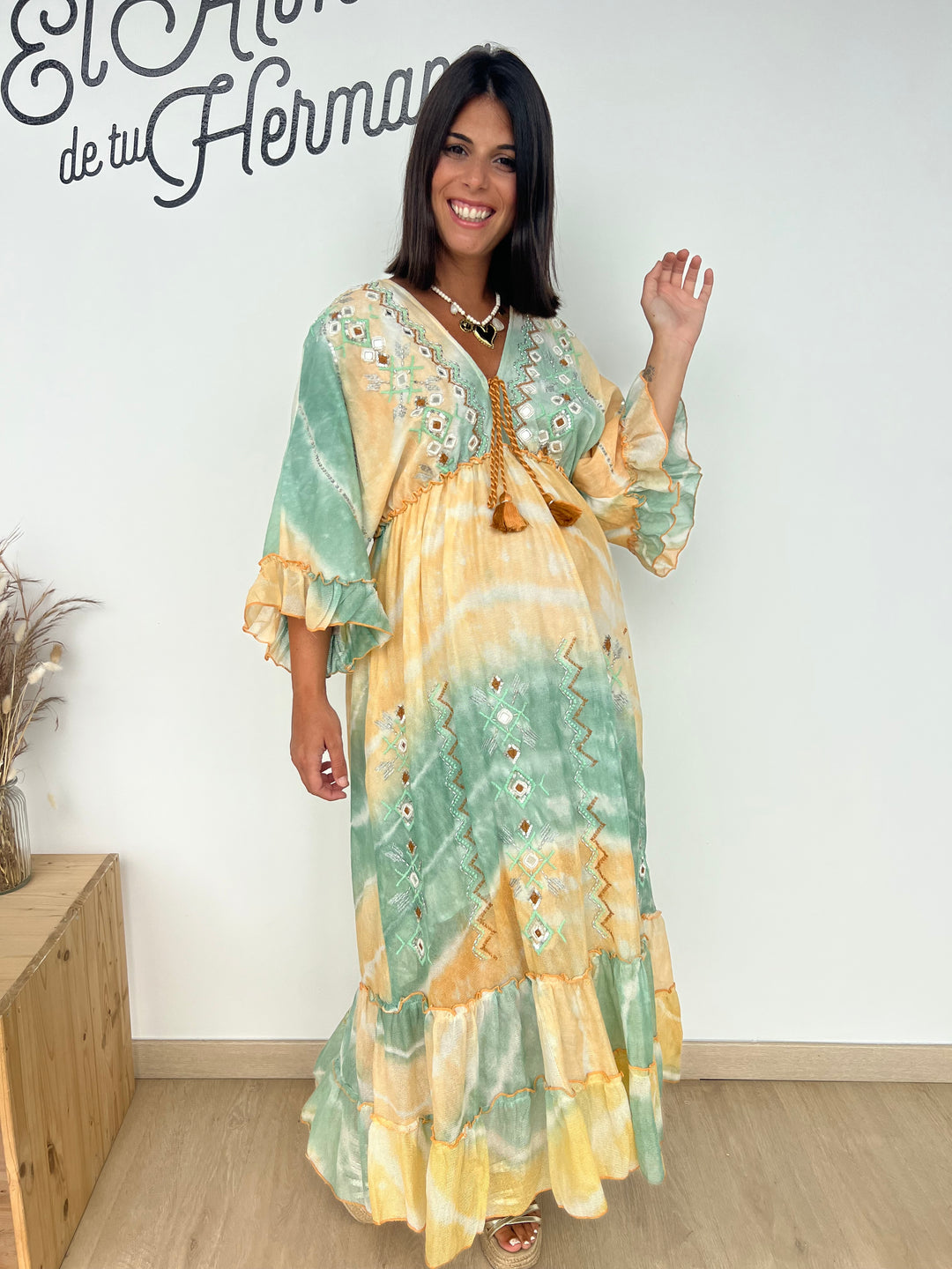 Vestido Ariana amarillo y aguamarina