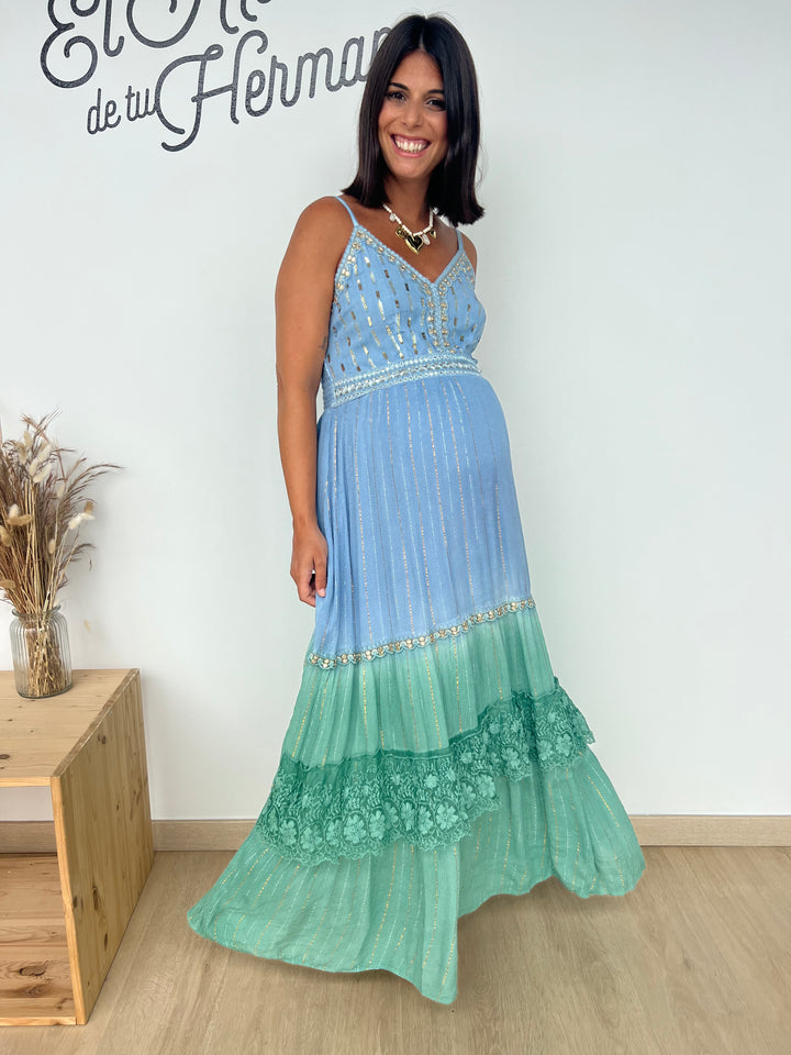 Vestido Habana largo azul y turquesa