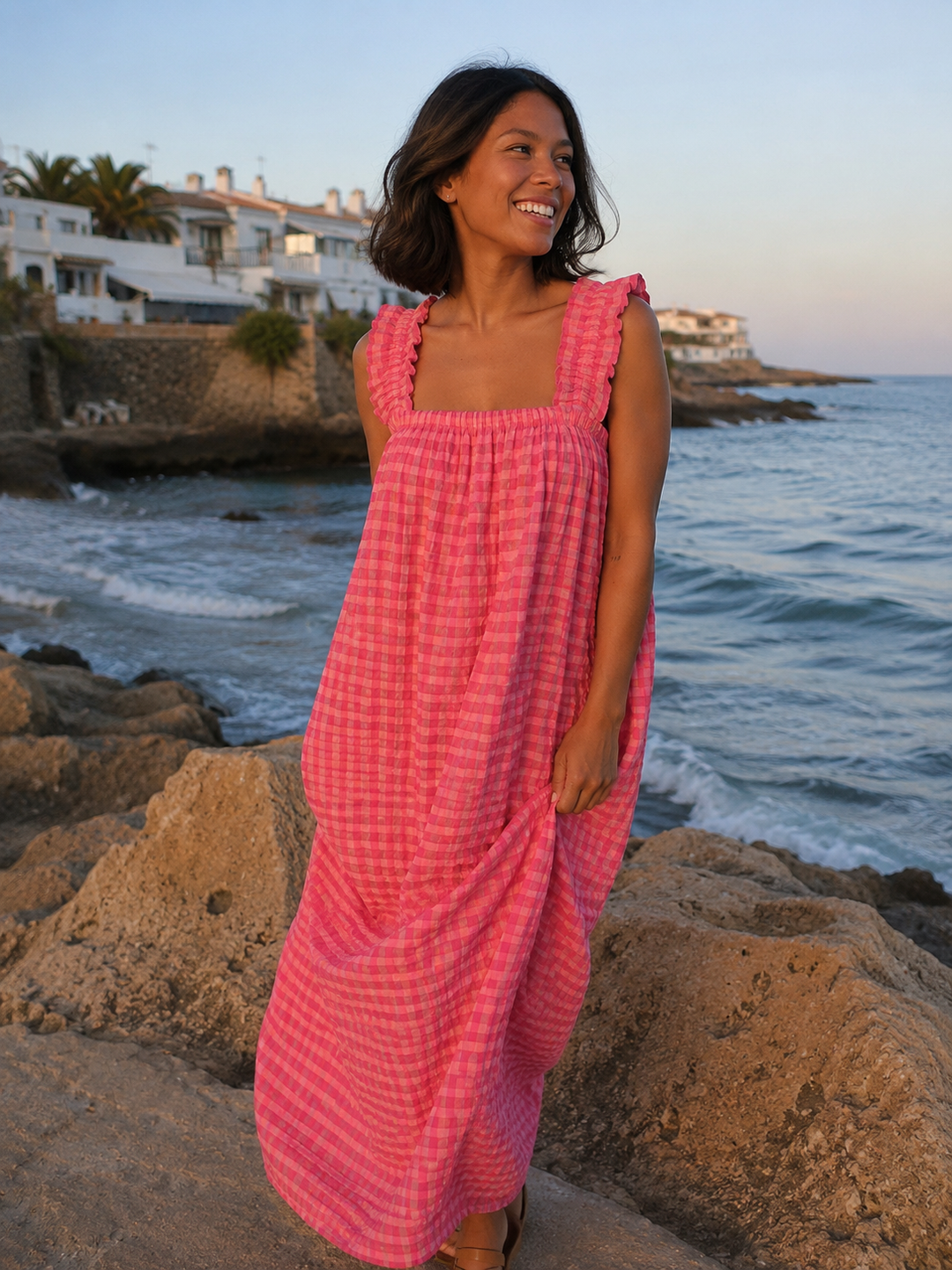 Vestido Vichy flúor fucsia